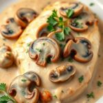 Creamy mushroom sauce chicken on a plate garnished with parsley