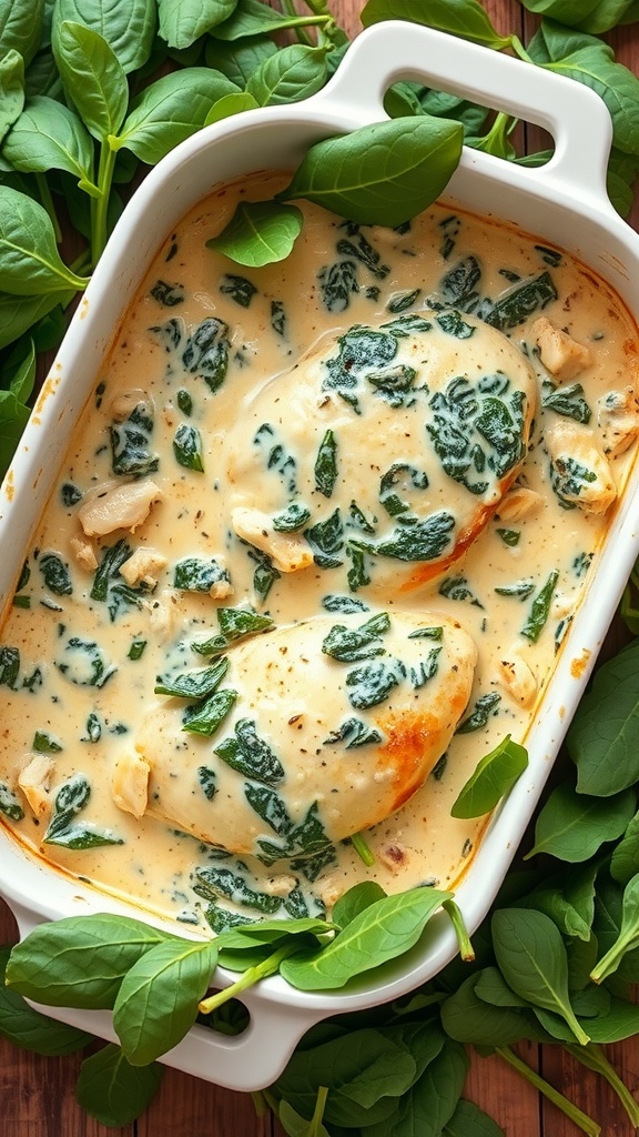Creamy Spinach and Artichoke Chicken Bake in a white dish with fresh spinach surrounding it.