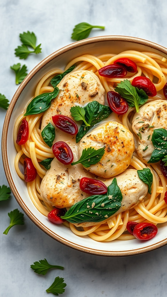 A delicious bowl of creamy Tuscan chicken served with pasta and garnished with fresh herbs.