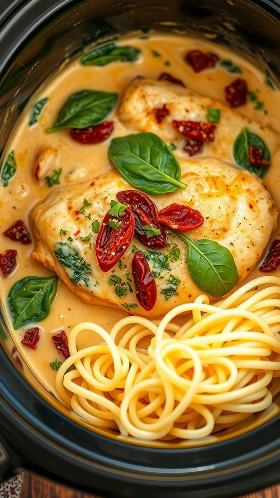 A bowl of creamy Tuscan chicken with pasta, topped with sun-dried tomatoes and fresh basil.