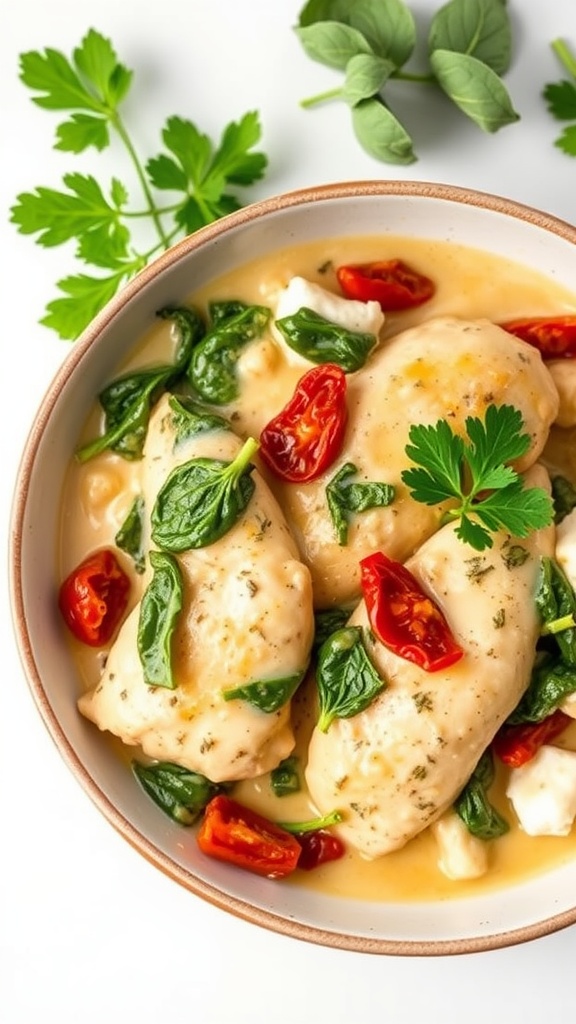 A bowl of creamy Tuscan chicken with spinach and sun-dried tomatoes.