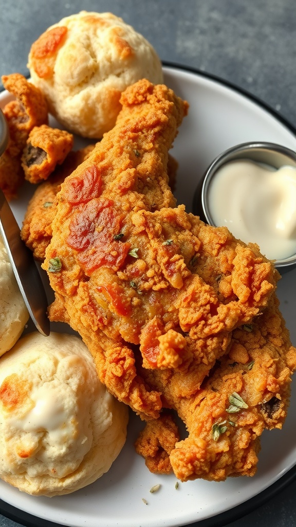 Plate of crispy fried chicken with biscuits and dipping sauce