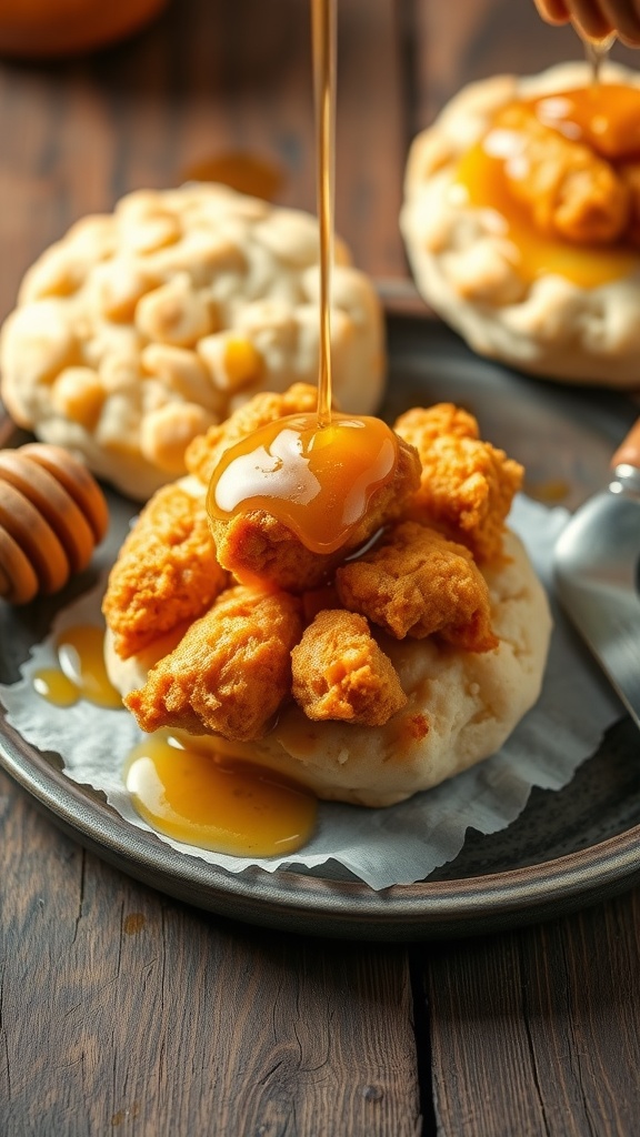 Crispy chicken and cheddar biscuits drizzled with honey.