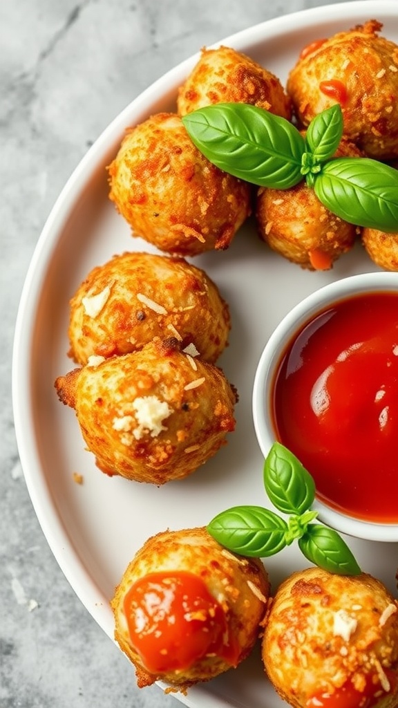 Crispy Chicken Parmesan Bites served with marinara sauce.
