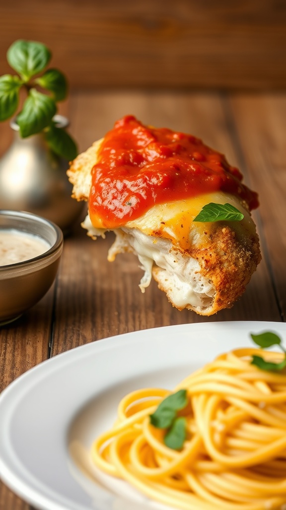 Crispy Chicken Parmesan served with marinara sauce and pasta