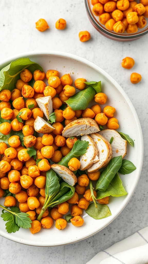 A vibrant bowl of crispy chickpea chicken salad with greens and tomatoes.