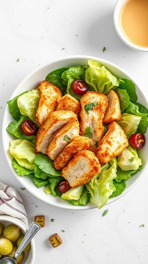 A bowl of crispy chicken salad with lettuce, cherry tomatoes, and dressing.
