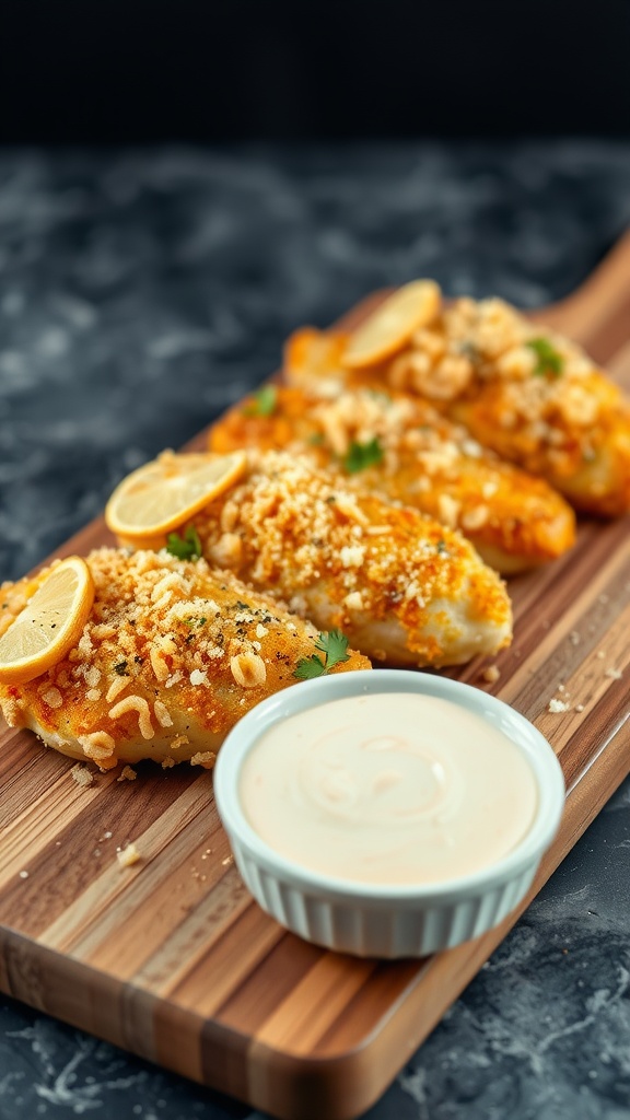 Crispy Parmesan-Crusted Chicken with lemon and dipping sauce