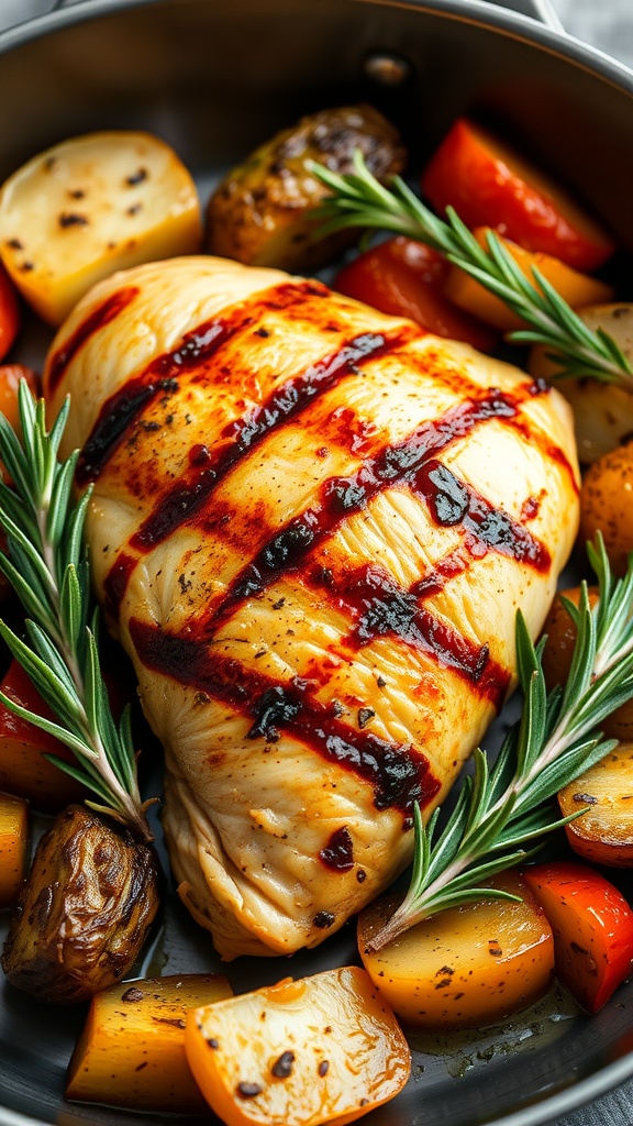 Grilled chicken breast with garlic and rosemary, surrounded by colorful vegetables.