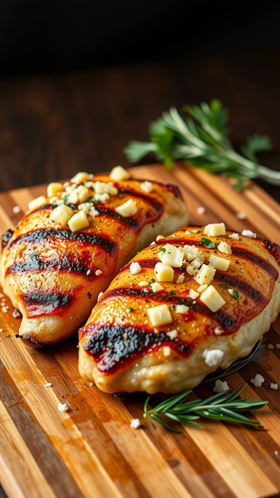 Grilled chicken thighs basted with garlic and parmesan butter