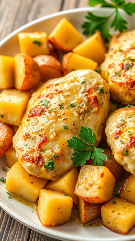 A bowl of garlic Parmesan chicken with potatoes cooked in a slow cooker.