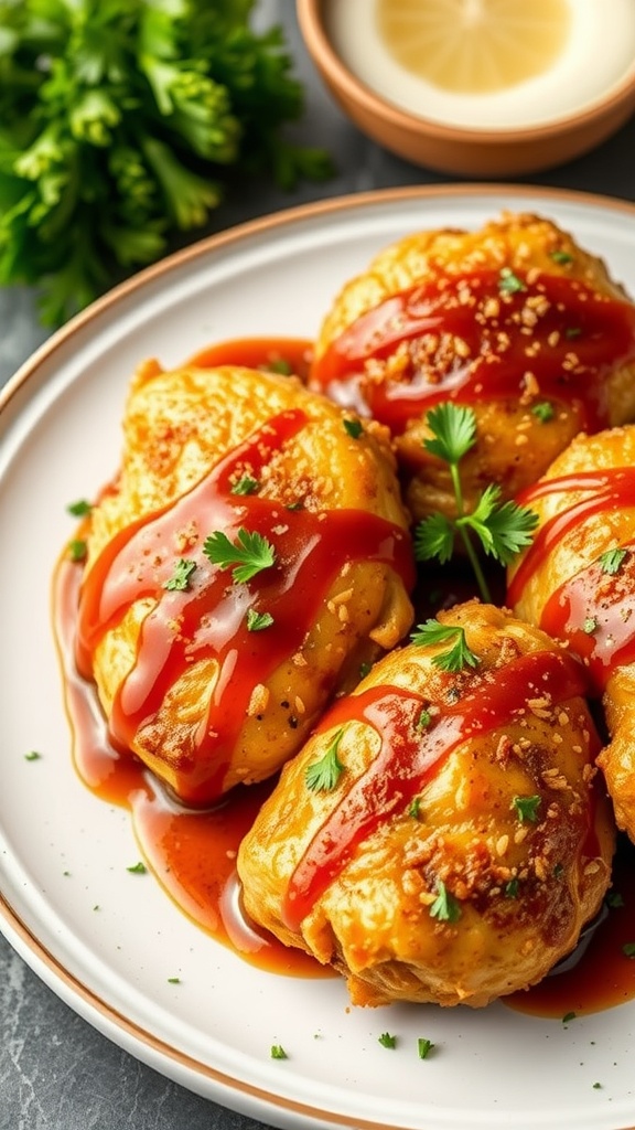 Delicious garlic Parmesan chicken thighs garnished with parsley