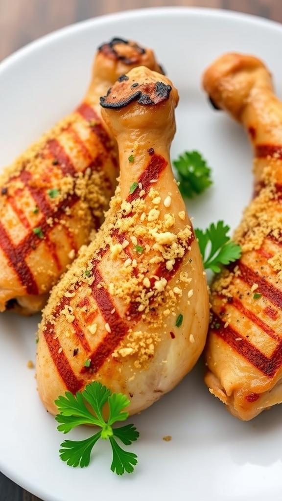 Grilled chicken legs with a crispy garlic Parmesan crust.