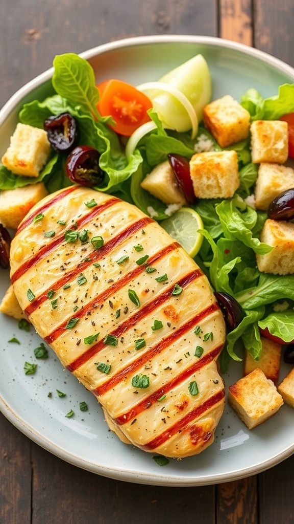 Plate of garlic parmesan grilled chicken with a side of fresh greens and croutons