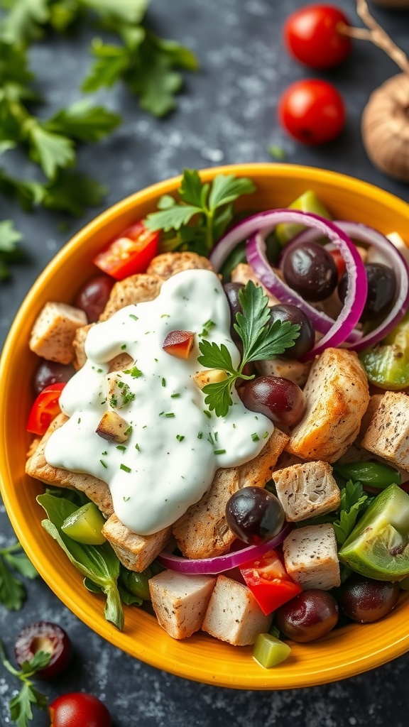 A colorful Greek chicken salad with tzatziki dressing, featuring diced chicken, cherry tomatoes, cucumber, bell pepper, and olives.