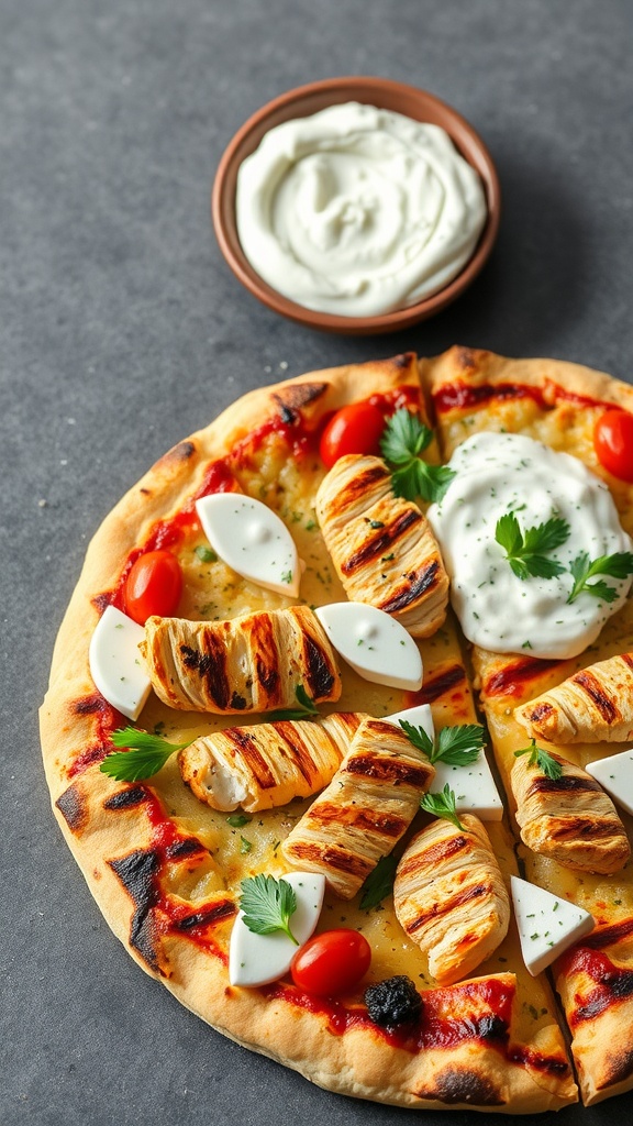 A delicious Greek Grilled Chicken Pizza with tzatziki sauce on the side.