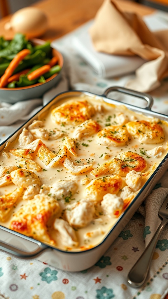Greek Yogurt Chicken Alfredo Casserole dish with a creamy appearance and garnished with parsley.
