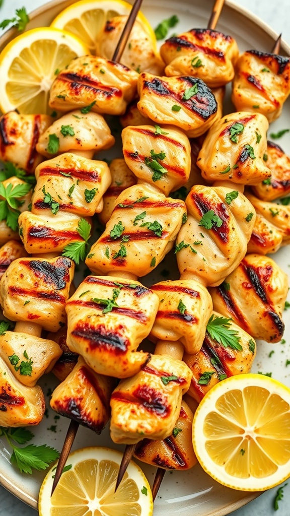 Grilled lemon herb chicken skewers garnished with parsley and lemon slices.