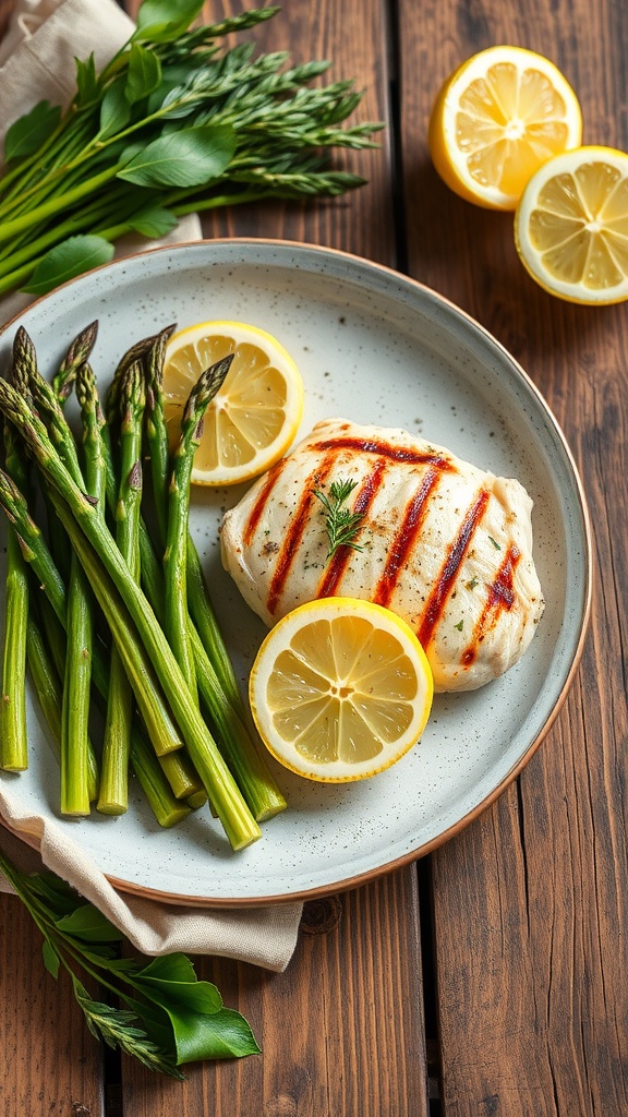 Grilled lemon herb chicken with asparagus on a plate
