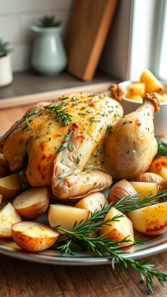 A beautifully roasted herb-crusted chicken served with golden potatoes.