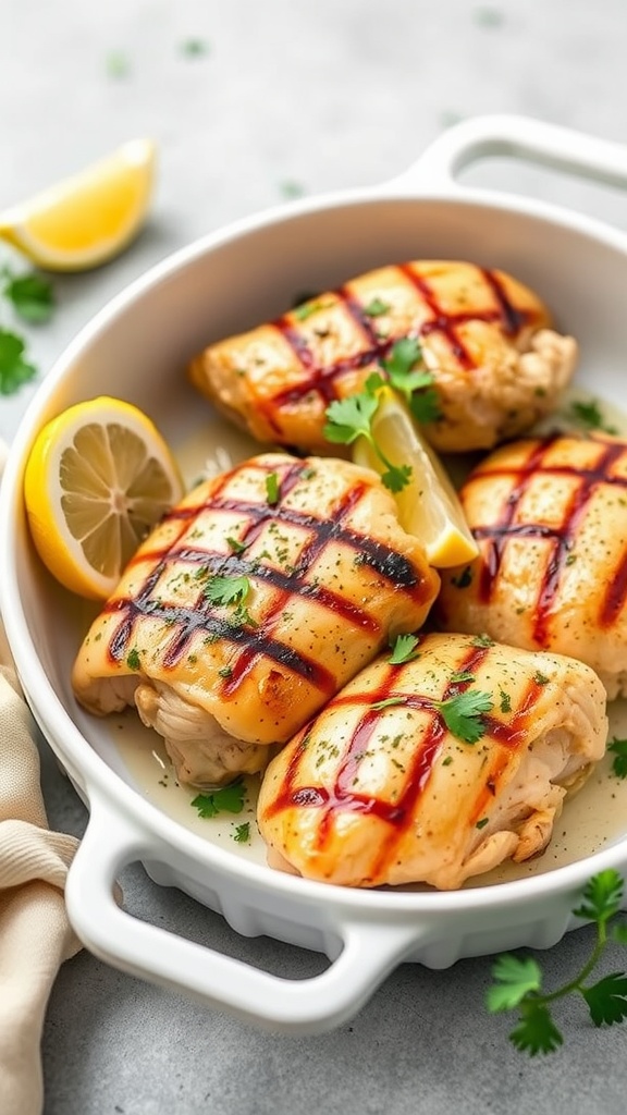 Juicy grilled chicken thighs with herb butter and lemon wedges