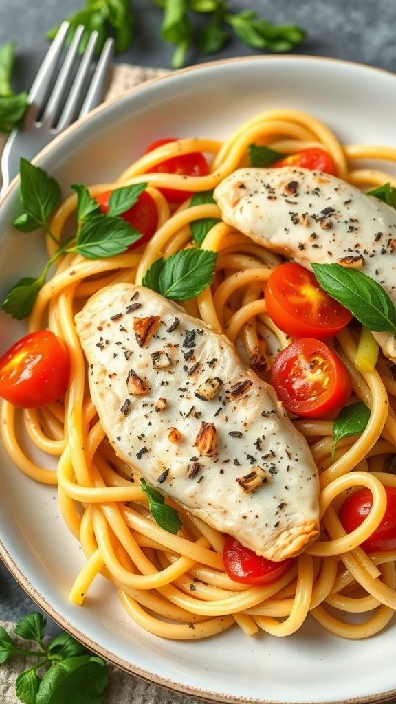 A delicious plate of Herbed Chicken Pasta Primavera topped with cherry tomatoes and fresh herbs.