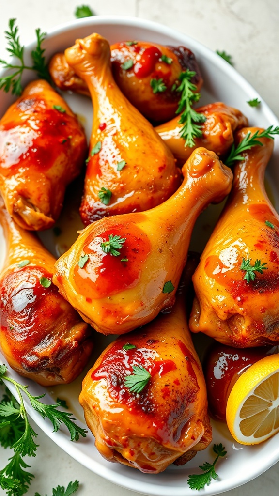Honey garlic chicken drumsticks glistening with sauce, garnished with parsley.