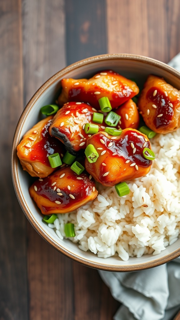 A bowl of honey garlic chicken thighs served over rice with green onions and sesame seeds.