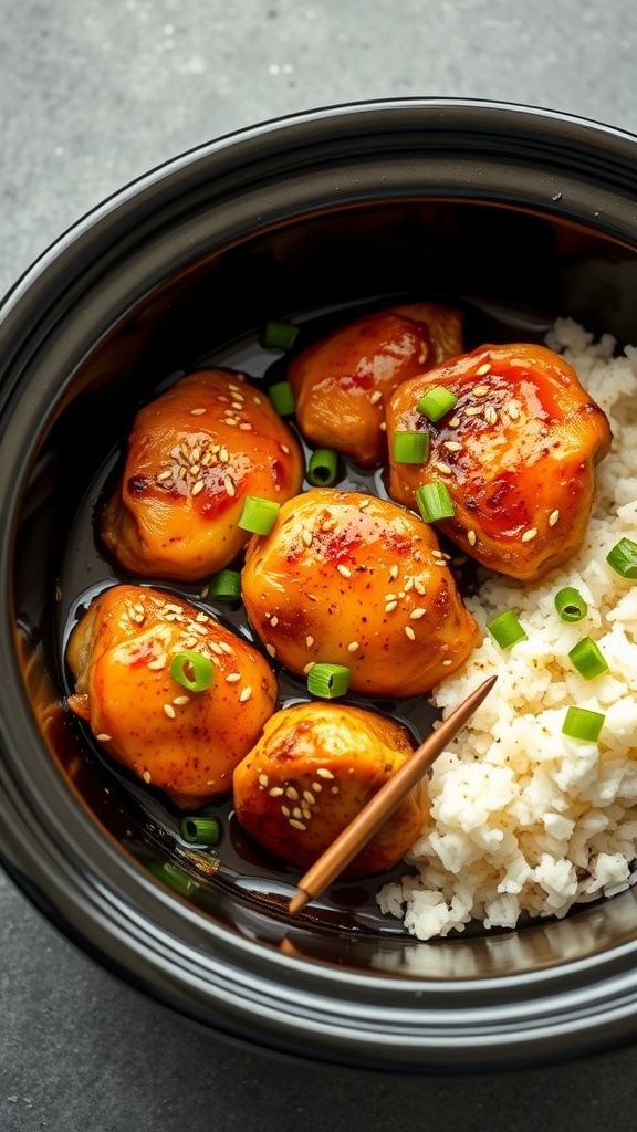 A bowl of honey garlic chicken thighs served with rice and garnished with green onions and sesame seeds.