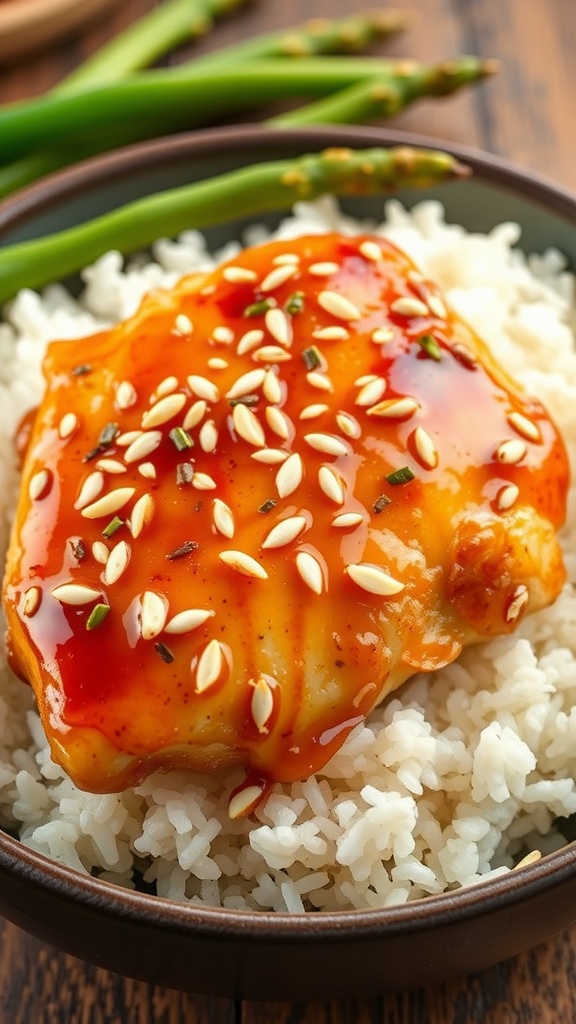 A plate of honey garlic chicken served over rice, garnished with sesame seeds.