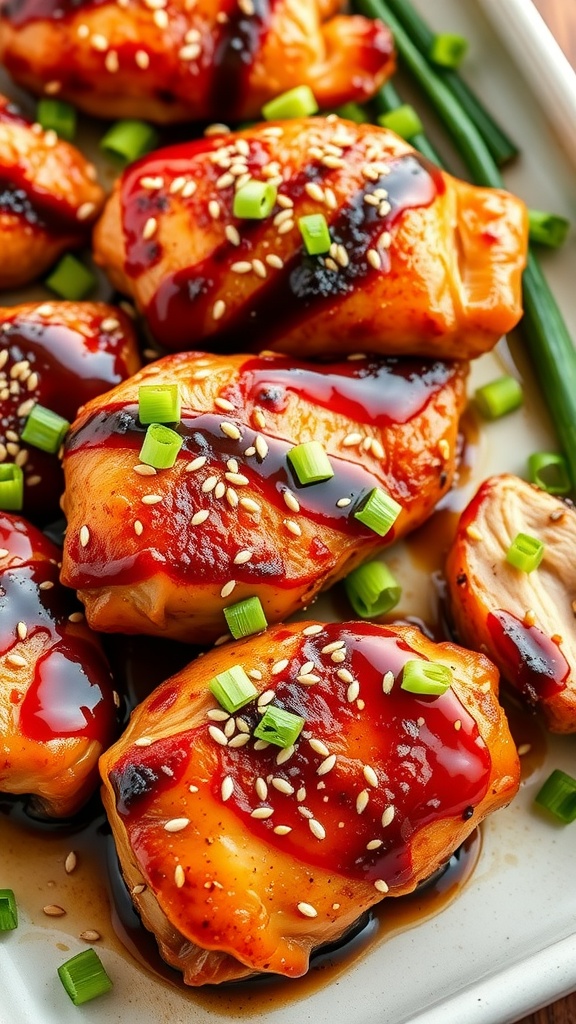 A plate of honey garlic glazed chicken thighs garnished with green onions and sesame seeds.