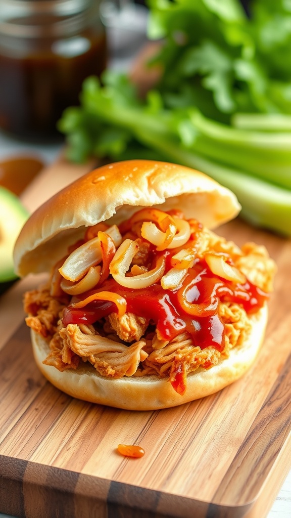 A delicious Honey Mustard BBQ Pulled Chicken sandwich with onions on a wooden board.