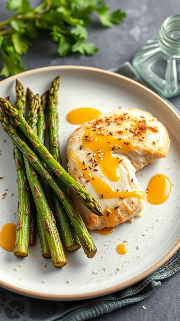 A plate of honey mustard chicken served with asparagus.