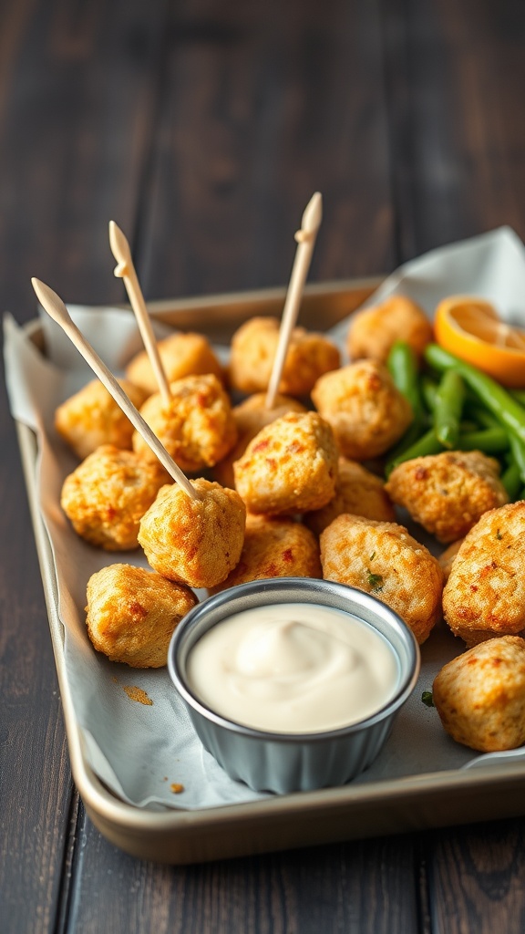 Plate of honey mustard chicken bites with dipping sauce