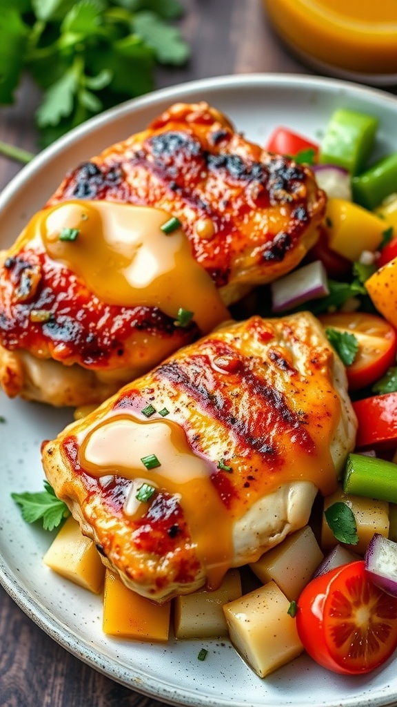 Honey mustard chicken thighs served on a plate with salad and lemon slices.