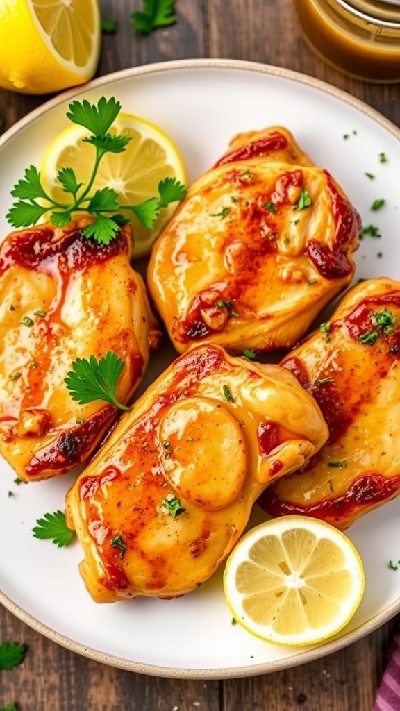 Honey mustard glazed chicken thighs on a plate with lemon slices and parsley.