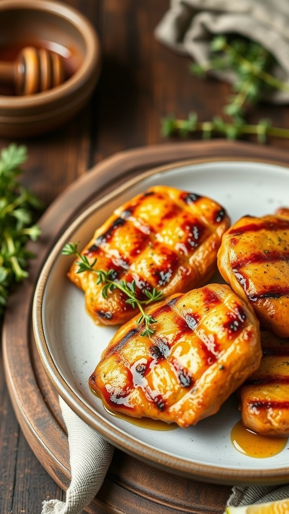 Grilled honey mustard glazed chicken thighs with thyme
