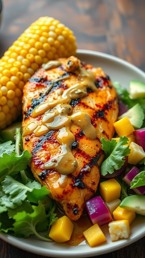 A plate of honey mustard grilled chicken served with salad and corn