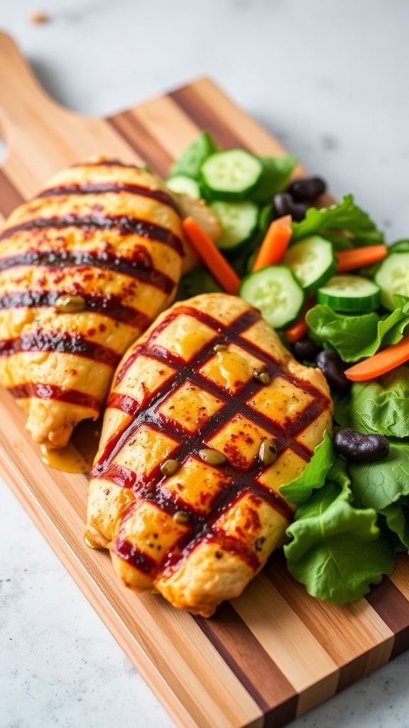 Grilled chicken with honey mustard sauce on a wooden platter with fresh vegetables.