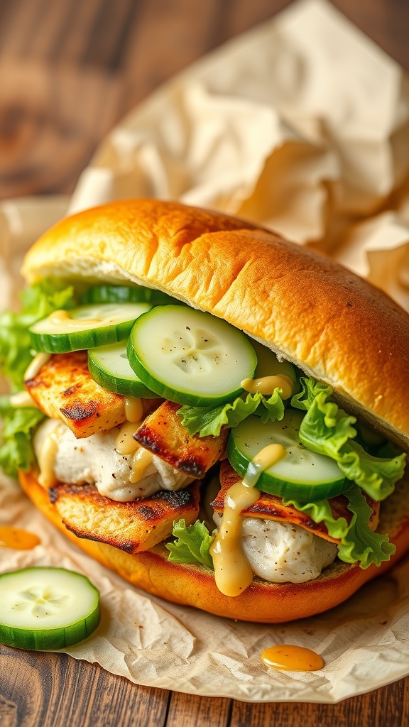 A delicious honey mustard grilled chicken sandwich filled with fresh lettuce and cucumber slices.