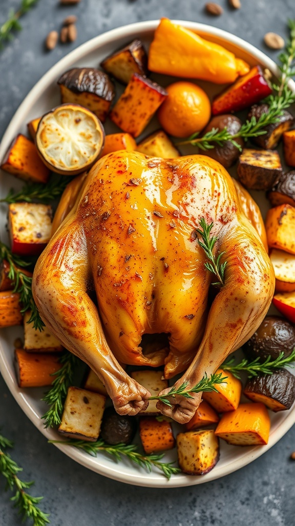 A beautifully roasted chicken with honey mustard glaze surrounded by colorful vegetables on a platter.