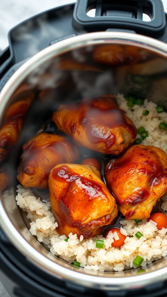 Honey Soy Glazed Chicken Thighs in an Instant Pot with rice and vegetables