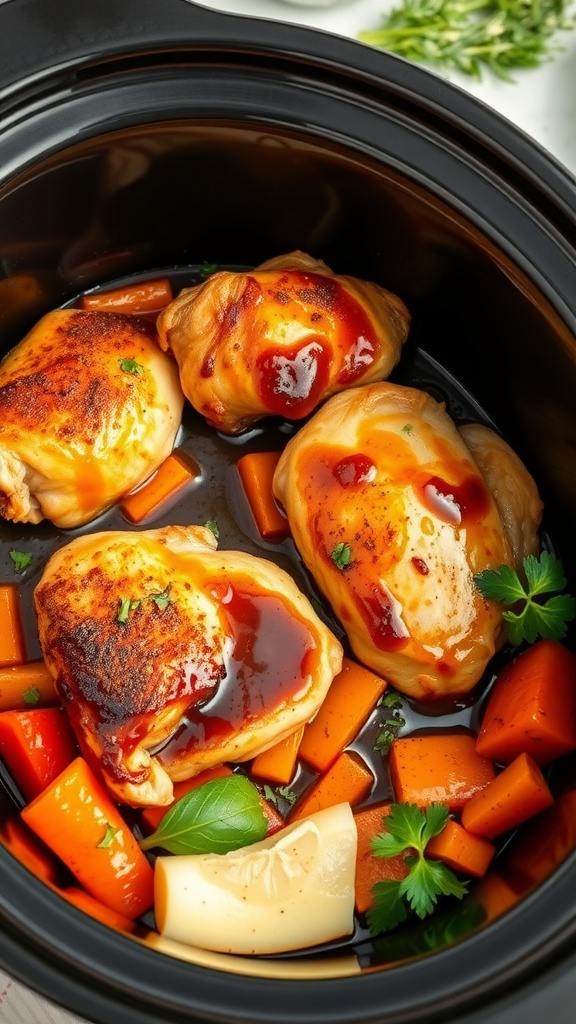 A plate of honey soy glazed chicken thighs served with carrots.