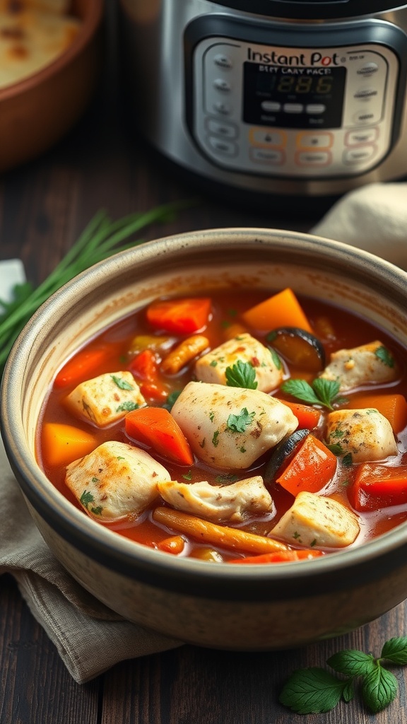 A bowl of Italian chicken and vegetable stew with vibrant colors and a rich broth.