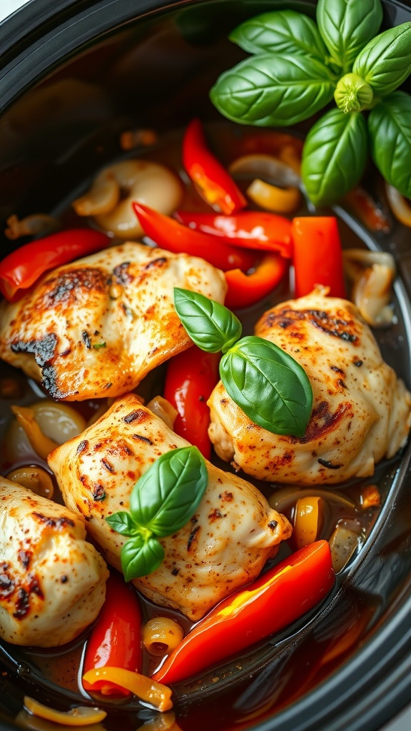 A bowl of Italian chicken thighs with red and yellow peppers, garnished with fresh basil.