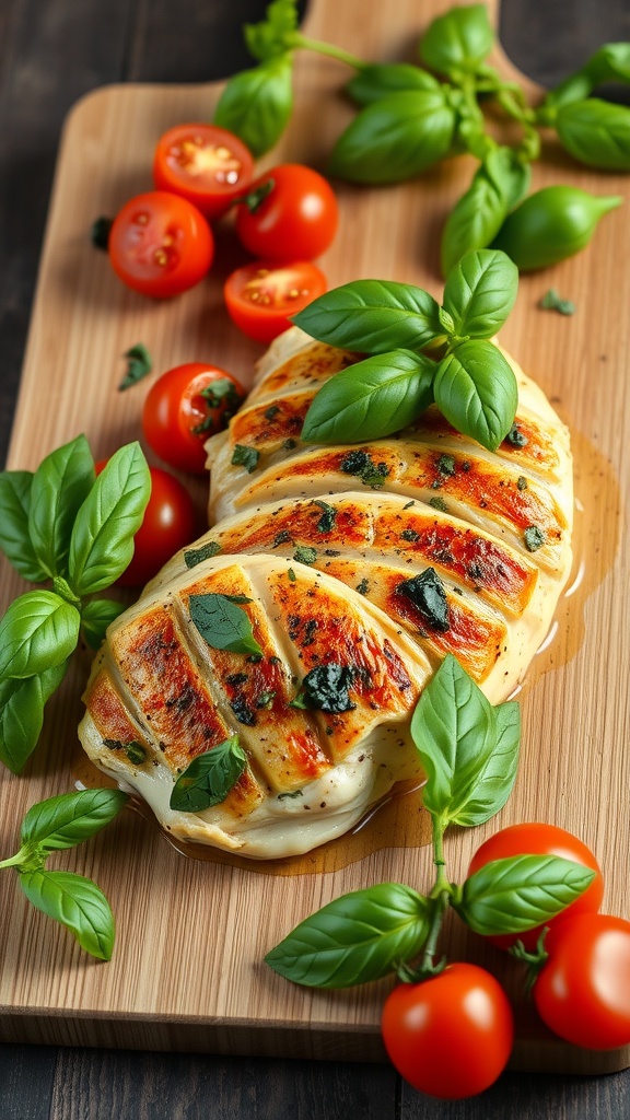 Italian chicken with artichokes served with fresh basil and tomatoes