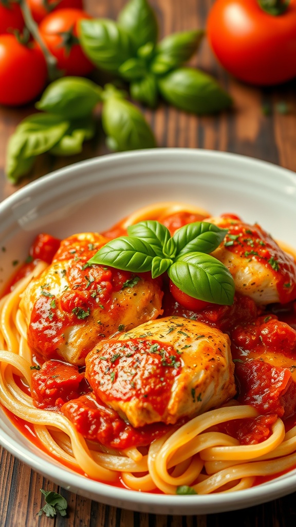 A delicious plate of Italian herb chicken thighs served over pasta with a tomato sauce.