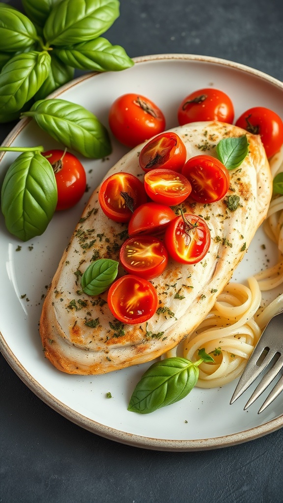 Italian Herb Chicken with Roasted Tomatoes served with pasta