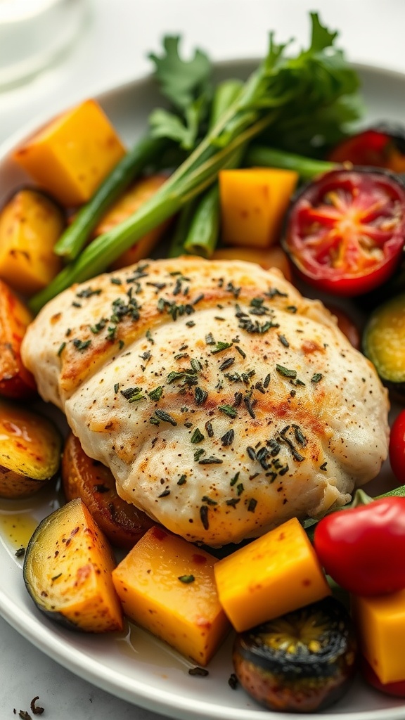 Juicy Italian Herb Chicken with Roasted Vegetables on a plate