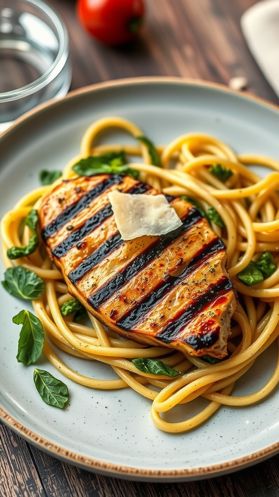 Grilled chicken breast with pasta and herbs on a plate